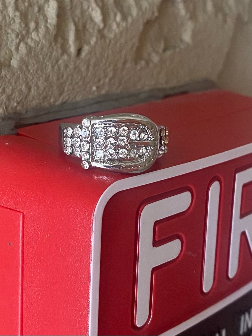 Belt Buckle Style Stainless Steel Ring w/ Cubic Zirconium Stones Size 7